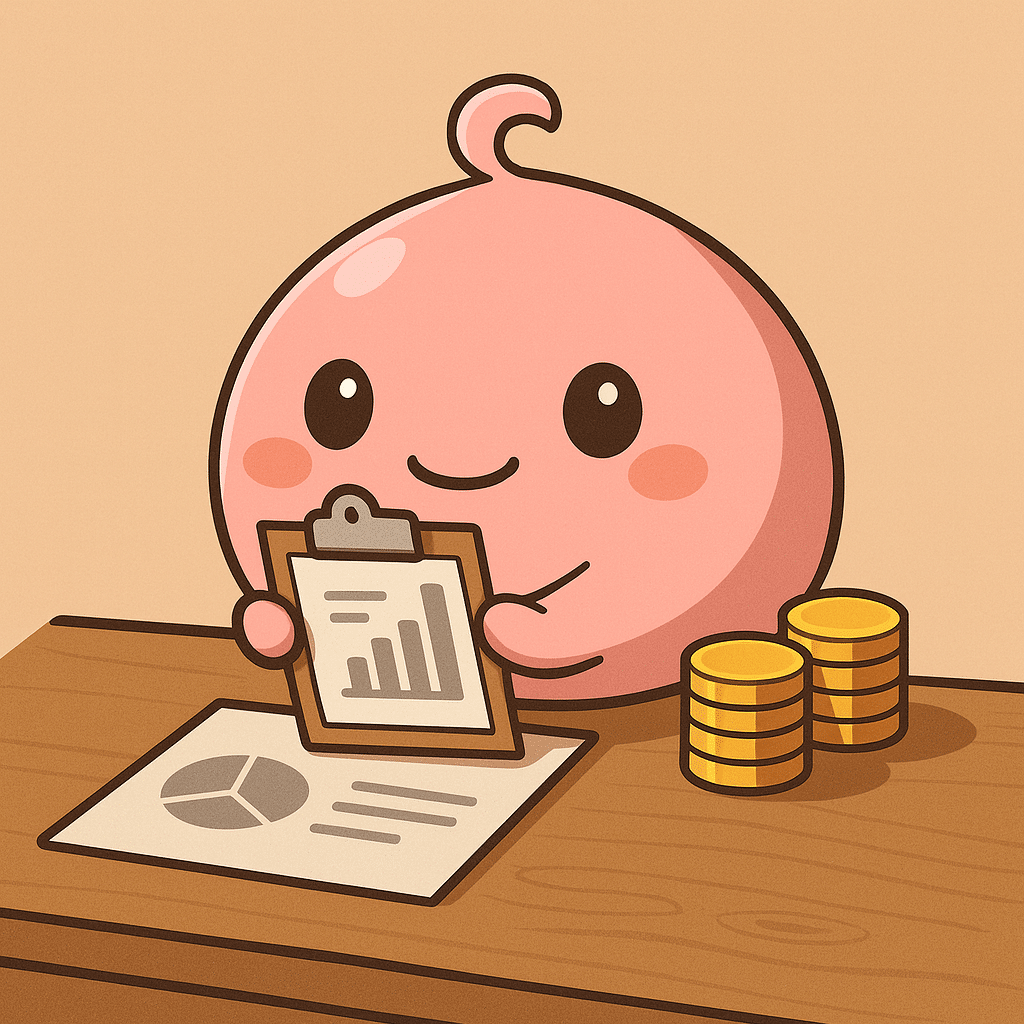 Pink Poring holding financial charts, representing the Gravity Q2 2025 Investor Report Ragnarok Online 3 analysis.
